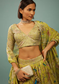 Lime Green Lehenga Choli Set In Organza With Print & Embroidery