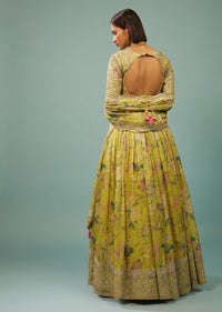 Lime Green Lehenga Choli Set In Organza With Print & Embroidery