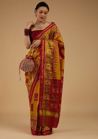 Ocher Yellow Saree In Silk With Ikat Weave Patola Work