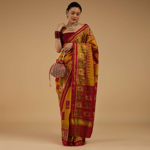 Ocher Yellow Saree In Silk With Ikat Weave Patola Work