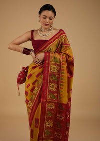 Ocher Yellow Saree In Silk With Ikat Weave Patola Work