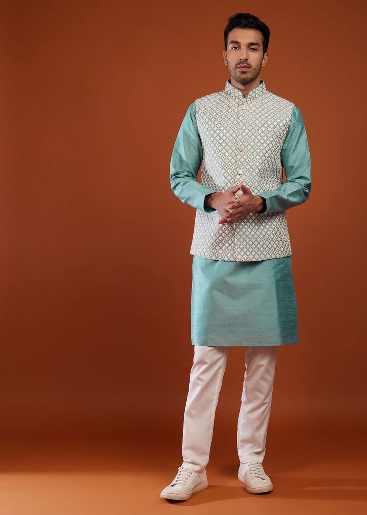 Airforce Blue Bandi Jacket Kurta Set In Cotton Silk With Mirror Embroidery