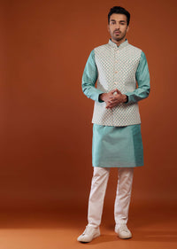 Airforce Blue Bandi Jacket Kurta Set In Cotton Silk With Mirror Embroidery