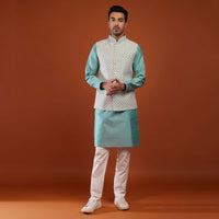 Airforce Blue Bandi Jacket Kurta Set In Cotton Silk With Mirror Embroidery