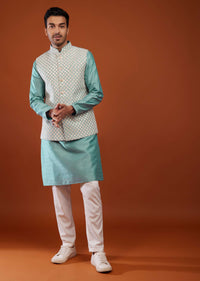 Airforce Blue Bandi Jacket Kurta Set In Cotton Silk With Mirror Embroidery