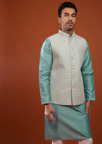 Airforce Blue Bandi Jacket Kurta Set In Cotton Silk With Mirror Embroidery
