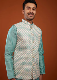 Airforce Blue Bandi Jacket Kurta Set In Cotton Silk With Mirror Embroidery
