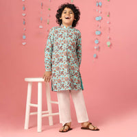 Kalki Aqua Sky Blue Silk Kurta Set With Threadwork For Boys