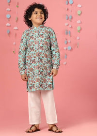 Kalki Aqua Sky Blue Silk Kurta Set With Threadwork For Boys