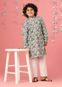 Kalki Aqua Sky Blue Silk Kurta Set With Threadwork For Boys