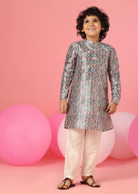 Kalki Aquarius Blue Kurta Set In Silk With Floral Print For Boys