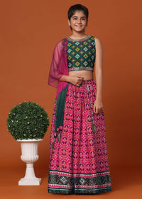 Kalki Army Green Printed Blouse And Lehenga Set In Patola Silk For Girls