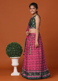 Kalki Army Green Printed Blouse And Lehenga Set In Patola Silk For Girls