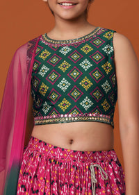 Kalki Army Green Printed Blouse And Lehenga Set In Patola Silk For Girls