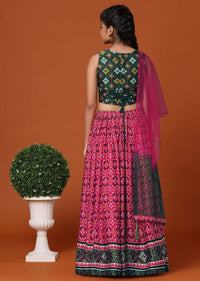 Kalki Army Green Printed Blouse And Lehenga Set In Patola Silk For Girls