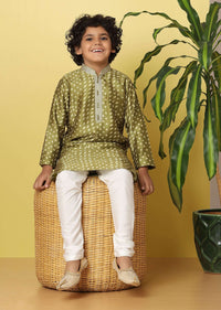 Kalki Army Green Printed Boy’s Kurta Set In Silk With Zari Work