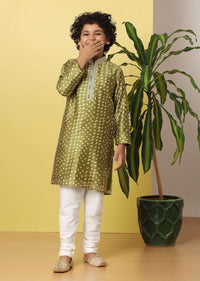 Kalki Army Green Printed Boy’s Kurta Set In Silk With Zari Work