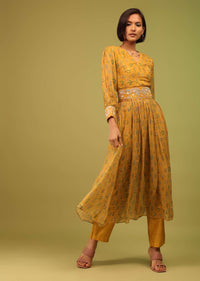 Cyber Yellow Palazzo Suit In Georgette With Multicolor Floral Print & Embroidery