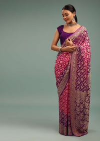 Authentic Dual-Tone Purple And Pink Saree In Bandhani Handwoven Georgette With Floral Jaal Weave