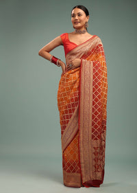 Dual-Tone Tango Red And Orange Saree In Georgette With Bandhani Handwoven Brocade Embroidery