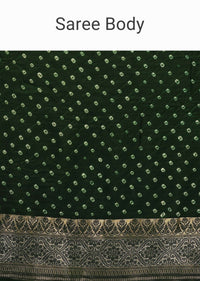 Deep Green Saree In Silk With Bandhani Print And Handwoven Brocade Floral Embroidery