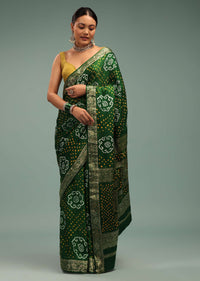 Emerald Green Saree In Silk With Bandhani Handweaving And Zari Border