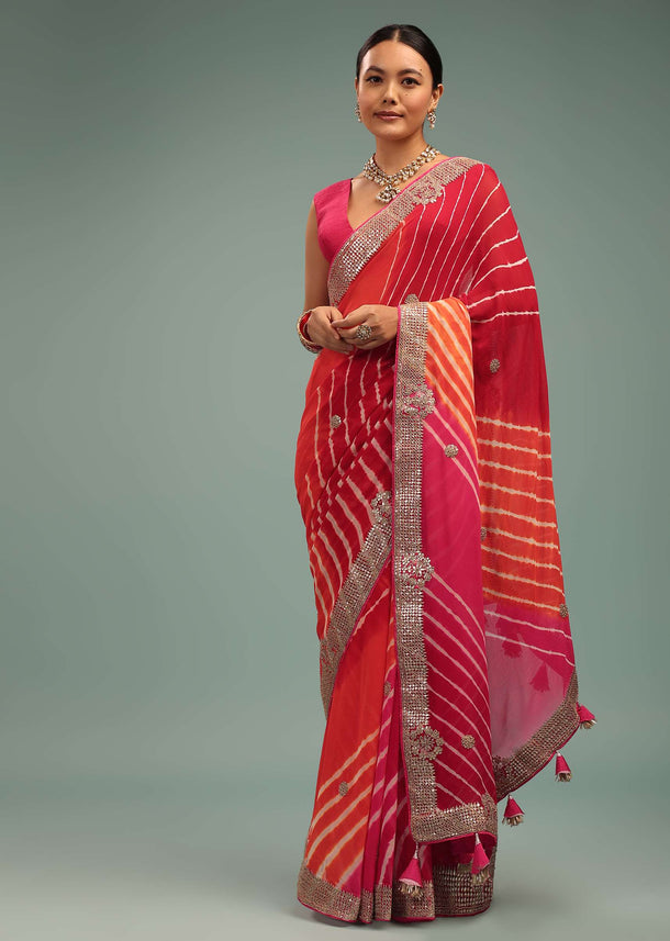 Azalea Pink Leheriya Saree In Georgette With Jaipuri Gotta Work Border And Tassel Pallu