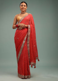 Fire Orange Leheriya Saree In Georgette With Gotta Work Border And Tassel Pallu