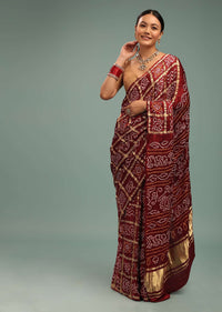 Maroon Red Saree In Pure Silk With Bandhani Print & Brocade Work
