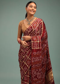 Maroon Red Saree In Pure Silk With Bandhani Print & Brocade Work