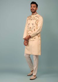 Beige Bandi Jacket Set In Handloom Silk With Multicolor Floral Jaal Embroidery