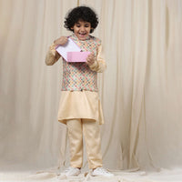 Kalki Autumn Blonde Beige Kurta Set In Silk With Multicolor Bandi Jacket For Boys