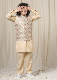 Kalki Autumn Blonde Beige Kurta Set In Silk With Multicolor Bandi Jacket For Boys