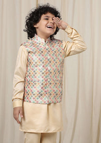 Kalki Autumn Blonde Beige Kurta Set In Silk With Multicolor Bandi Jacket For Boys