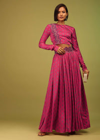 Azalea Pink Crop Top And Lehenga In Cotton Silk With Floral Print & Embroidery