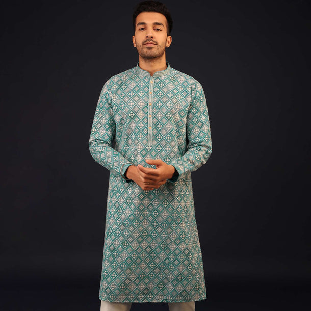 Mint Blue Thread Embroidered Kurta Set