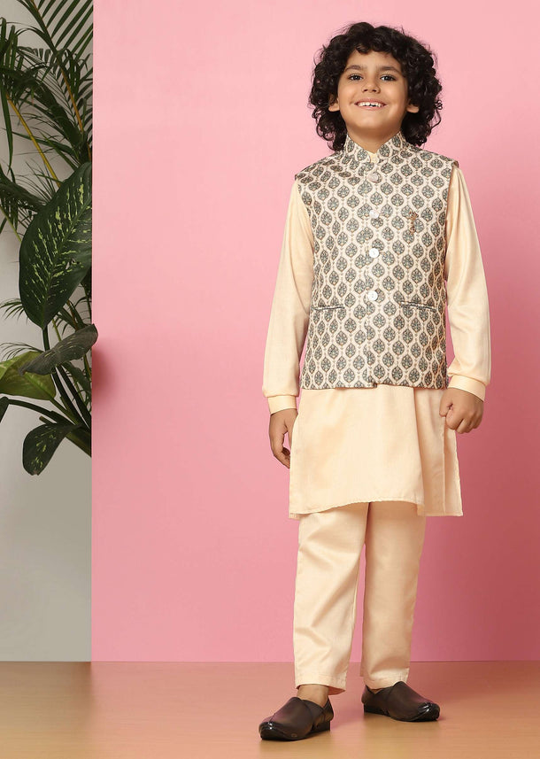 Kalki Beige Bandi Jacket And Kurta Set In Silk With Print For Boys