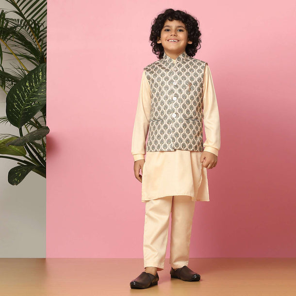 Kalki Beige Bandi Jacket And Kurta Set In Silk With Print For Boys