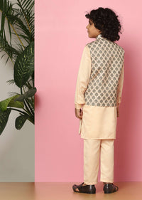 Kalki Beige Bandi Jacket And Kurta Set In Silk With Print For Boys