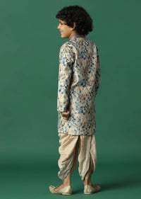 Kalki Beige Boys Dhoti Kurta Set In Silk With Floral Print For Boys