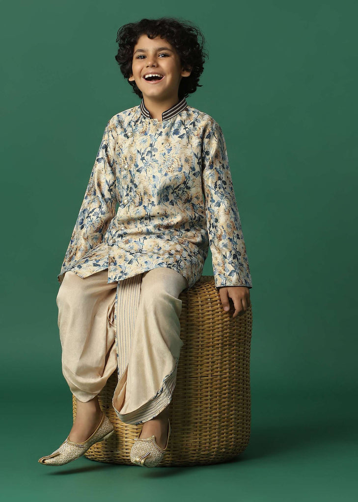 Kalki Beige Boys Dhoti Kurta Set In Silk With Floral Print For Boys