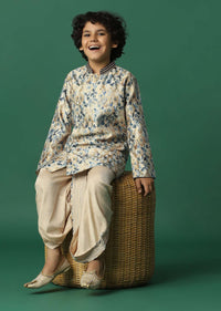 Kalki Beige Boys Dhoti Kurta Set In Silk With Floral Print For Boys