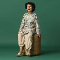 Kalki Beige Boys Dhoti Kurta Set In Silk With Floral Print For Boys