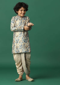 Kalki Beige Boys Dhoti Kurta Set In Silk With Floral Print For Boys