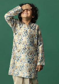 Kalki Beige Boys Dhoti Kurta Set In Silk With Floral Print For Boys