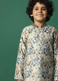 Kalki Beige Boys Dhoti Kurta Set In Silk With Floral Print For Boys