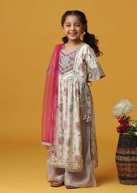 Kalki Beige Cream Printed Kurta And Palazzo Set In Cotton For Girls