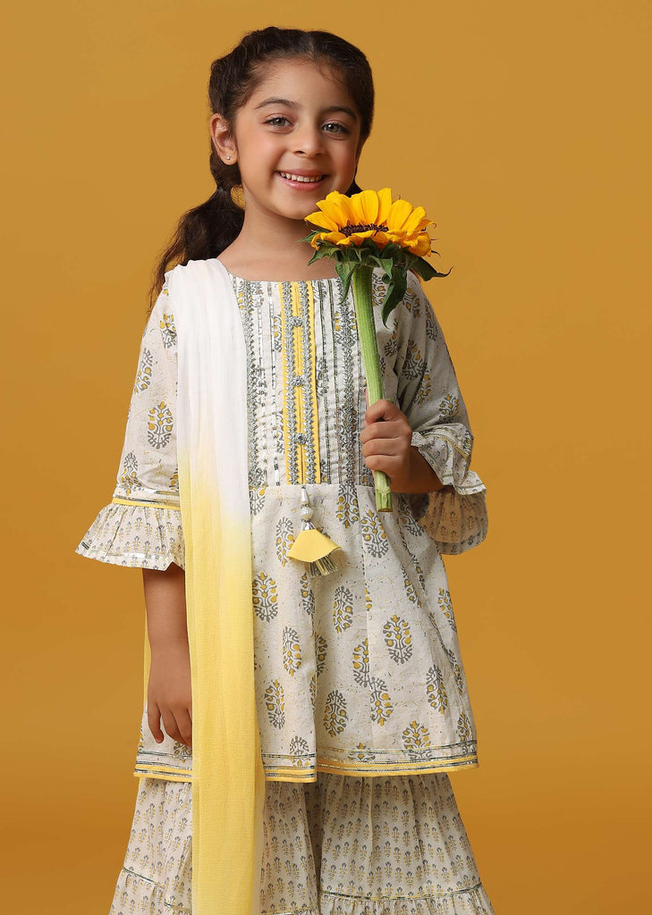 Kalki Beige Cream Printed Sharara And Kurta Set In Cotton For Girls