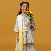 Kalki Beige Cream Printed Sharara And Kurta Set In Cotton For Girls