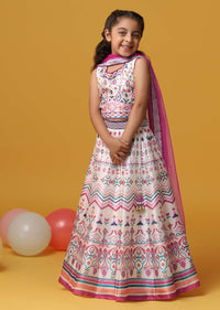 Kalki Beige Cream Printed Lehenga And Blouse Set In Silk For Girls
